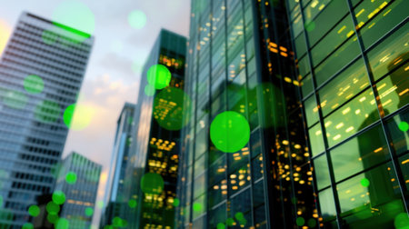 Captivating cityscape showcasing modern glass buildings illuminated at dusk, enhanced by green bokeh effects, radiating an eco-friendly ambiance.の素材