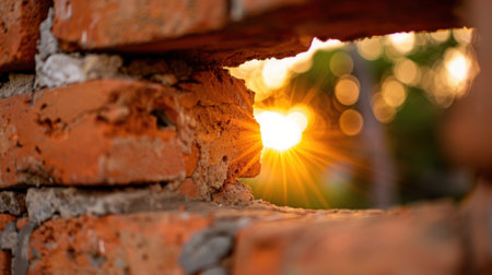 A beautiful scene of sunlight filtering through a brick wall, creating a warm and inviting glow that highlights the evening landscape.の素材