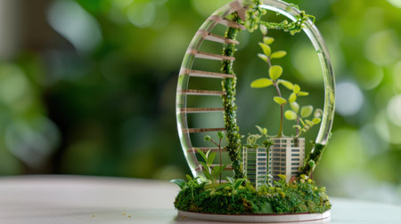 A stunning miniature eco city design within a glass dome, featuring vibrant plants and a vertical garden, symbolizing sustainability and innovation.の素材