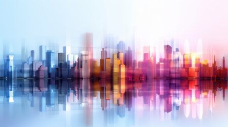 Experience the beauty of an abstract cityscape with vibrant reflections and dramatic colors. This artwork captures an urban skyline at dusk or dawn, blending serenity with energy.の素材