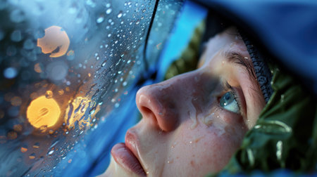This intimate close-up captures a young woman gazing thoughtfully at raindrops on a window, evoking feelings of contemplation and serenity within a cozy shelter.の素材