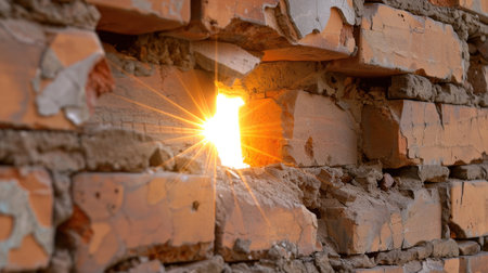 A stunning image of sunlight streaming through a crack in a weathered brick wall, showcasing intricate textures and warm colors, evoking a sense of serenity.の素材