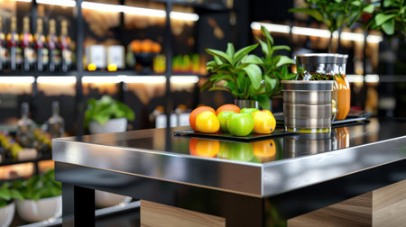 A modern kitchen showcases freshness with vibrant fruits on a sleek countertop, surrounded by lush greenery and elegant decor, creating an inviting ambiance.の素材