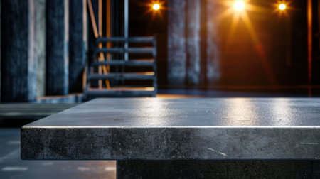 A close-up view of a textured metal surface on an industrial stage, featuring dramatic lighting that creates a captivating atmosphere perfect for photography.の素材
