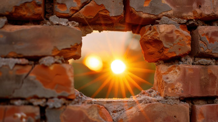 A stunning sunset seen through a broken brick wall, as sun rays pierce the opening, creating a warm and serene atmosphere. An ideal representation of nature's beauty combined with urban elements.の素材