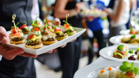 A waiter presents a beautifully arranged platter of assorted appetizers, perfect for enhancing the atmosphere of any upscale event or gathering.の素材