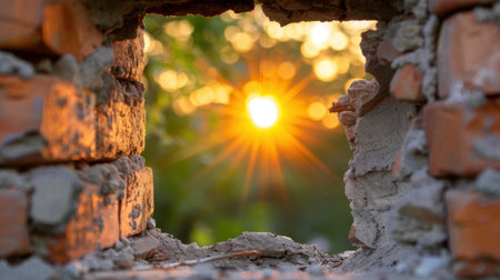 A stunning sunset captured through a broken brick wall, highlighting sun rays and a blurred natural background. This image creates a serene atmosphere.の素材