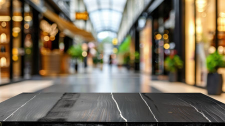 A striking black wooden table stands prominently in a modern shopping mall, featuring blurred storefronts and gentle indoor lighting, creating an inviting atmosphere.の素材