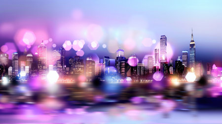 A stunning colorful city skyline illuminated at night, featuring blurred bokeh lights and modern architectural marvels that capture an urban vibrancy.の素材