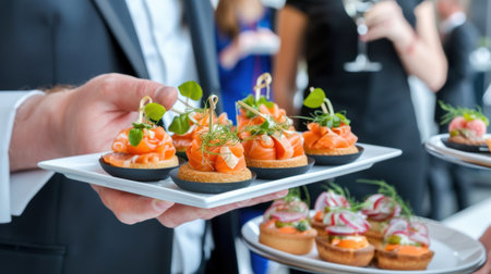 A stylish presentation of gourmet appetizers featuring salmon and fresh herbs, perfect for upscale events and gatherings, capturing the essence of culinary delight.の素材