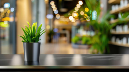 A vibrant indoor plant in an elegant pot sits on a sleek table, surrounded by a beautifully blurred modern store interior with soft bokeh lights.の素材