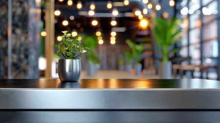 A sleek indoor plant arrangement in a modern pot sits on a polished table, surrounded by bright lights and a contemporary office backdrop, promoting a refreshed ambiance.の素材