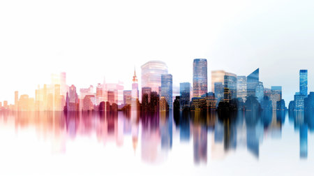 A stunning view of an urban skyline at dusk, reflecting in calm waters. The vibrant colors and modern architecture create a serene atmosphere, ideal for travel.の素材