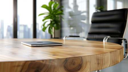 A stylish conference room featuring a polished wooden table, a laptop, and lush greenery, bathed in natural light from city-facing windows. Perfect for business meetings.の素材