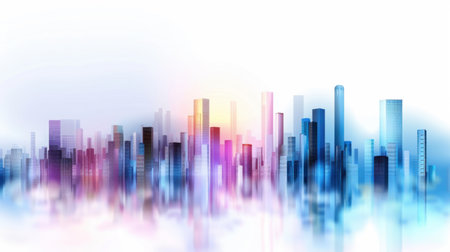 A colorful abstract urban skyline features high-rise buildings reflecting a soft light ambiance, creating a serene and modern atmosphere.の素材