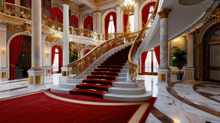 This stunning image captures an elegant grand staircase within a luxurious palace interior, showcasing intricate architecture and rich textiles.の素材