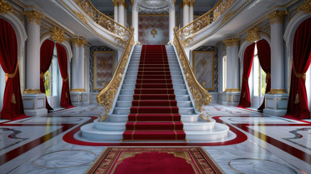 A stunning interior of a luxurious palace featuring a grand staircase adorned with intricate railings, rich red curtains, and elegant marble flooring.の素材