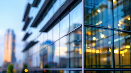 A modern glass building showcases its sleek exterior while reflecting the urban skyline during the evening. The warm light enhances the architectural details.の素材