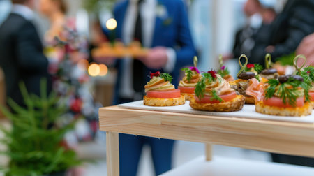 A beautifully arranged display of gourmet appetizers at a formal event with blurred guests in the background, showcasing elegance and culinary expertise.の素材