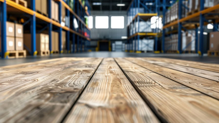 An inviting perspective view of a wooden floor within a spacious warehouse, showcasing organized shelves filled with boxes, highlighting an efficient industrial space.の素材