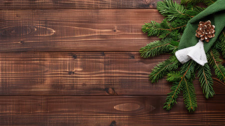 This serene image features fresh green pine branches and a cone atop a rustic wooden backdrop, perfect for conveying a festive and natural ambiance for the holiday season.の素材