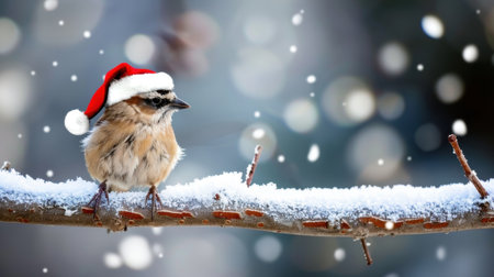 A charming bird adorned with a Santa hat perched on a snow-covered branch, creating a delightful winter scene filled with festive cheer.の素材