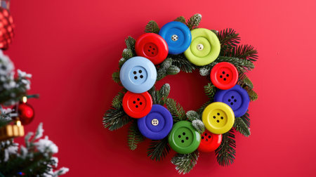 A vibrant and cheerful wreath made of colorful buttons set against a bold red background, perfect for adding a festive touch to any holiday decor. Ideal for creative decor themes.の素材