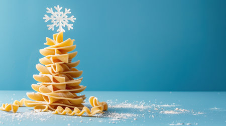 A whimsical pasta Christmas tree stands tall with a snowflake topper against a bright blue backdrop. This unique holiday decoration showcases creativity and fun.の素材