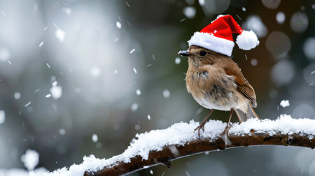 A charming bird adorned with a Santa hat perches on a snow-covered branch, surrounded by gentle snowfall, capturing the essence of winter festivities.の素材