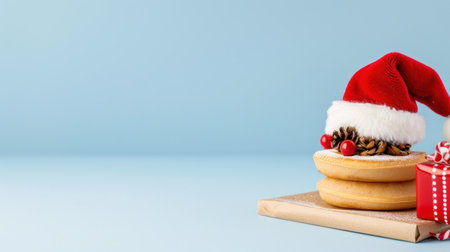 Delight in a festive holiday scene featuring decorated cookies adorned with a Santa hat, pinecones, and Christmas presents, evoking joy and celebration.の素材