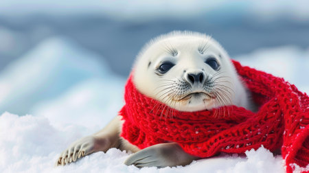 A delightful scene showcasing a baby seal snuggled in a vibrant red scarf, resting on soft snow. This charming portrait captures the beauty of wildlife in a serene Arctic environment.の素材