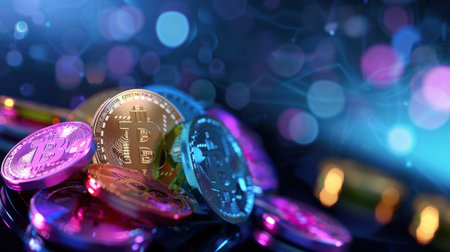 This stunning image features colorful cryptocurrency coins with a soft-focus digital background, evoking themes of digital finance and innovation.の素材