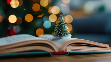A beautiful open book featuring a miniature Christmas tree perched on its pages, set against a blurred backdrop of festive lights, conveying holiday joy.の素材