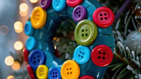 This vibrant button wreath adds a playful touch to a festive tree, surrounded by warm lights and winter decorations, perfect for holiday celebrations.の素材