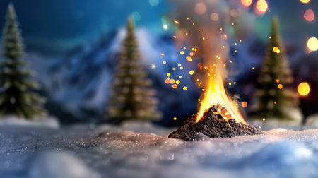 A stunning close-up of a vibrant bonfire burning brightly amid sparkling snow and evergreen trees, creating a magical winter atmosphere perfect for cozy gatherings.の素材