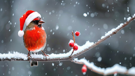 A vibrant bird wears a festive Santa hat, perched on a snowy branch adorned with red berries. This enchanting winter scene evokes holiday cheer and natural beauty.の素材