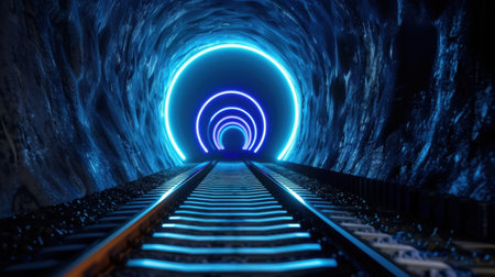 A captivating view of a futuristic tunnel with glowing blue lights and railway tracks. The image evokes a sense of mystery and adventure, perfect for themes of travel or technology.の素材