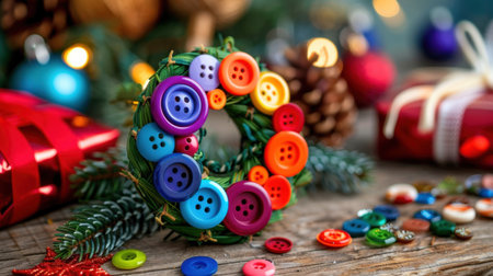 A vibrant decorative wreath made of assorted buttons, surrounded by festive holiday decor, creating a warm and cheerful atmosphere perfect for celebrations.の素材