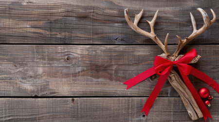 A charming set of antlers adorned with a vibrant red bow and ornaments, resting on a rustic wooden background, perfect for holiday decorations and themes.の素材