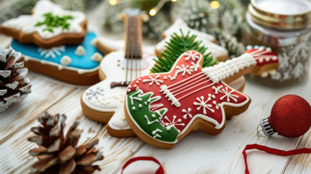 A vibrant display of decorated Christmas guitar cookies in various colors, set against a rustic wooden backdrop with festive decorations, perfect for holiday celebrations.の素材