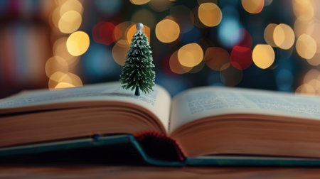 A small Christmas tree stands on an open book, surrounded by warm holiday lights, creating a cozy and festive scene that captures the essence of winter delight.の素材