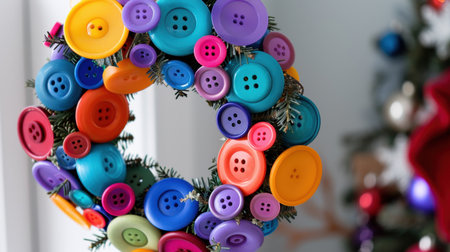 A vibrant button wreath featuring a diverse range of colorful buttons and greenery, perfect for adding a festive touch to home decor during the holiday season.の素材