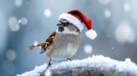 This image captures a charming bird adorned with a Christmas hat amidst a snowy backdrop, evoking a sense of holiday spirit and warmth. Perfect for seasonal themes.の素材