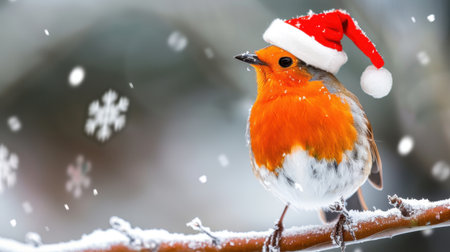 A charming scene featuring a small bird in a Santa hat sitting on a snowy branch, surrounded by gentle snowfall. This festive image captures the essence of winter and holiday cheer.の素材