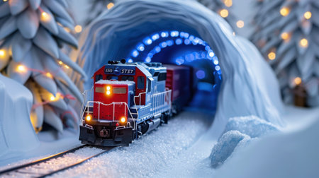 A charming winter scene featuring a model train navigating through a snow-covered tunnel adorned with glowing blue lights, capturing the essence of festive joy.の素材