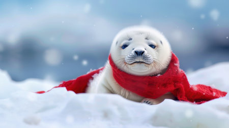 A charming baby seal poses in a bright red scarf against a snowy backdrop, capturing the essence of winter wonder and wildlife beauty.の素材