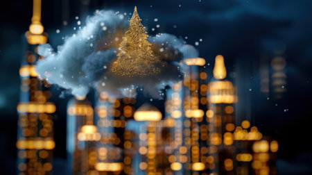 A stunning digital artwork featuring a glowing Christmas tree floating above a vibrant city skyline, surrounded by soft clouds and gentle snowfall, capturing the essence of holiday magic.の素材