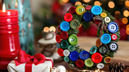 A vibrant button wreath delicately placed on a wooden table, surrounded by Christmas decorations and a beautifully wrapped gift, conveying the holiday spirit.の素材