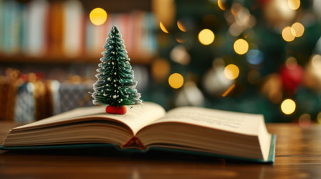 A charming composition featuring a festive miniature Christmas tree atop an open book, surrounded by soft-focus bokeh lights, capturing the holiday spirit.の素材