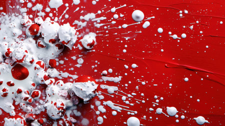 Vibrant abstract artwork featuring dynamic splashes of red and white paint, combined with spherical elements, creating a striking visual effect for artistic projects.の素材